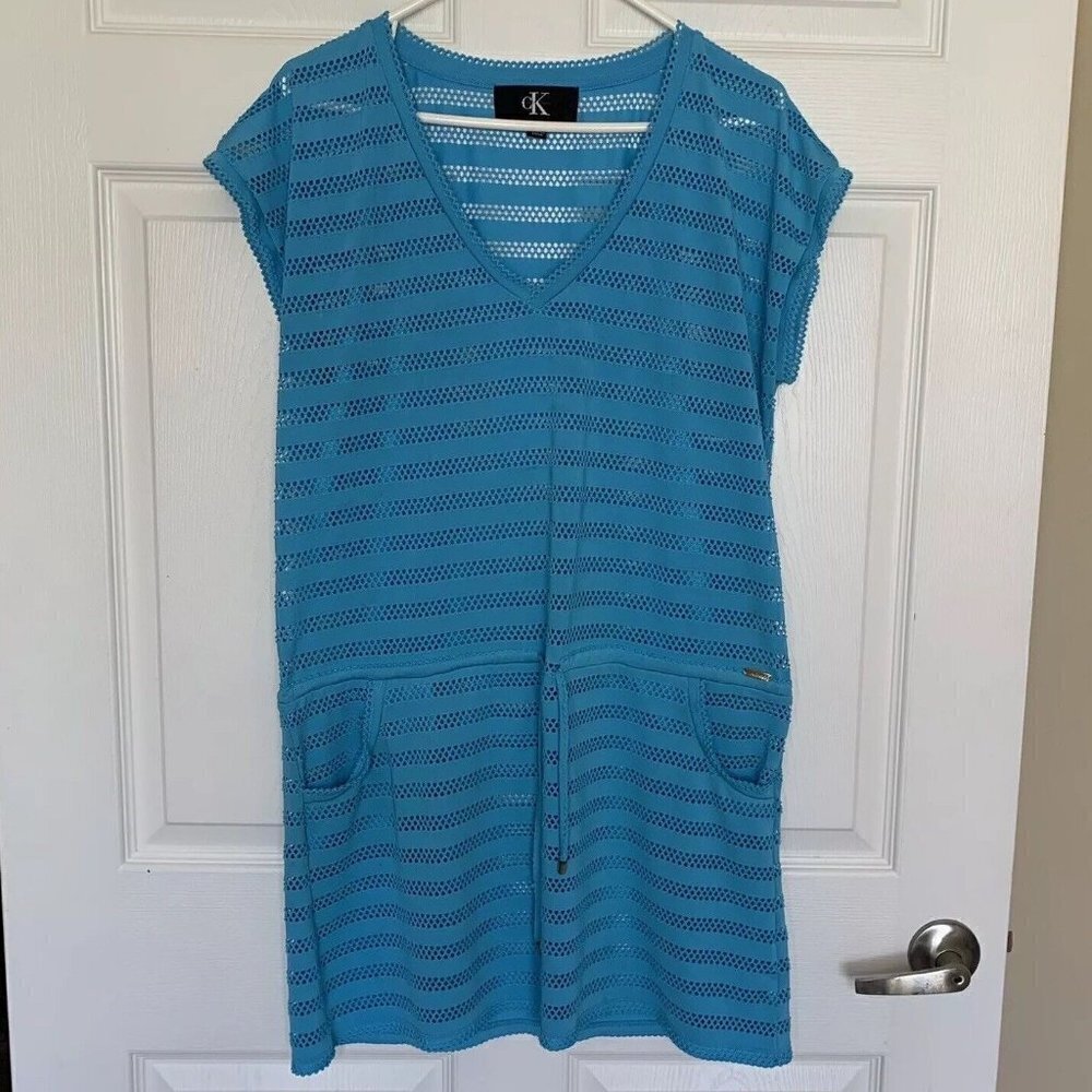 Calvin Klein Women’s Small Short Sleeve Blue Tied Waist Swim Coverup Dress
